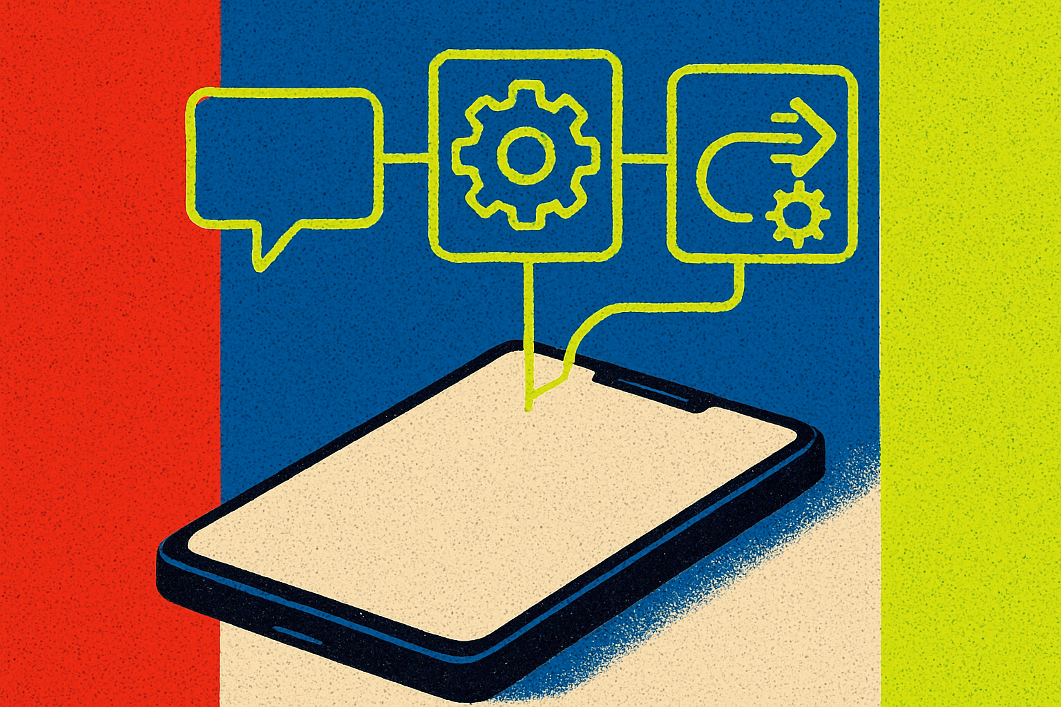 Abstract illustration of a phone connected to a chain of automation blocks via glowing yellow lines